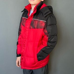 Kids “Vertical ‘9” red and black winter coat with hood